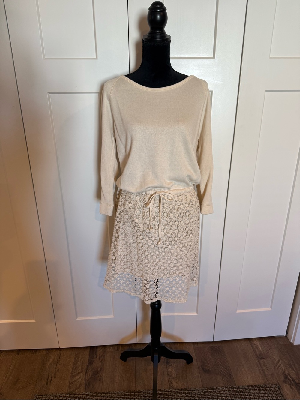 Cream Lace-Detail Drawstring Mini Dress